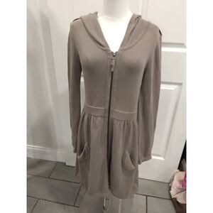 Shae Women Taupe Brown 100% Cotton Full Zip Hooded Longline Cardigan Sweater M